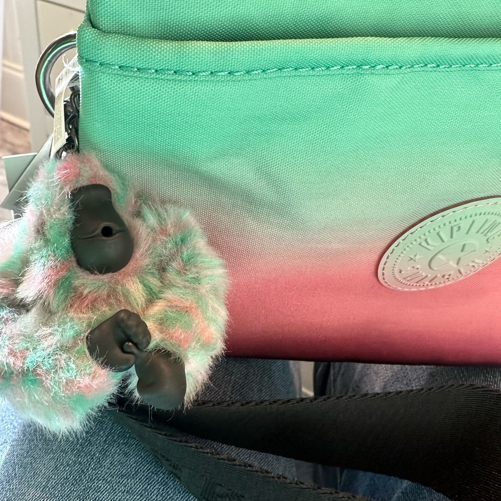 Kipling Wicked Riri Crossbody NWT has monkey keychain green pink ombré - Picture 2 of 10